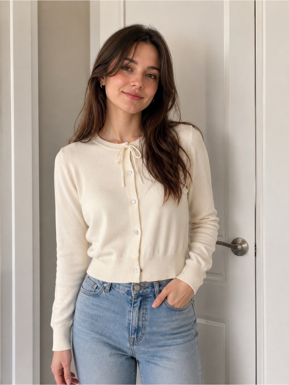 Wayf Bow Cream Button Cardigan